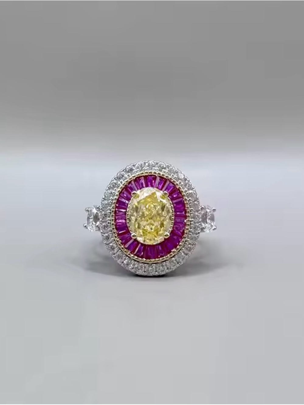 Sparkling Yellow, Pink Sapphire Halo Statement Ring 18k White Gold Filled Size 8